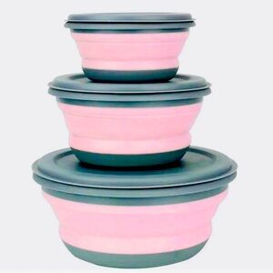 New - Set of 3 Tupperware Style -Fresh Keeping Collapsible Bowls Set -Pink /Gray